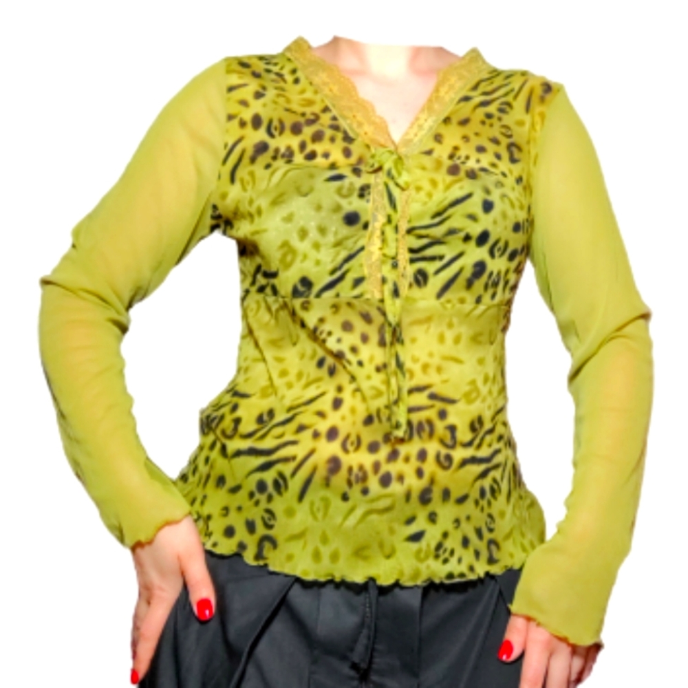 Animal print mesh long Greenville lime green mesh blouse sz m